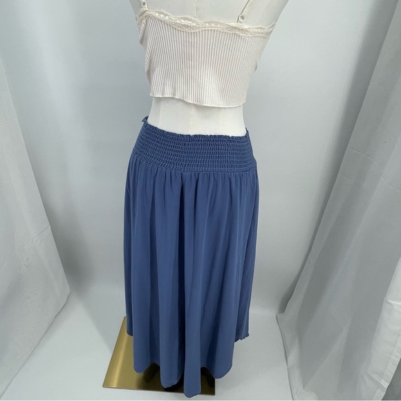Smocked Waist Midi Skirt Blue Medium Cottagecore Coastal Romantic Quiet Luxury - Picture 2 of 11